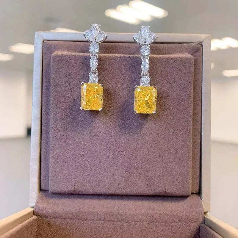 International Station Diamond Earrings Yellow Fancy Emerald Cut White Gold GIA Certified Wedding Jewelry Women's Classic Style