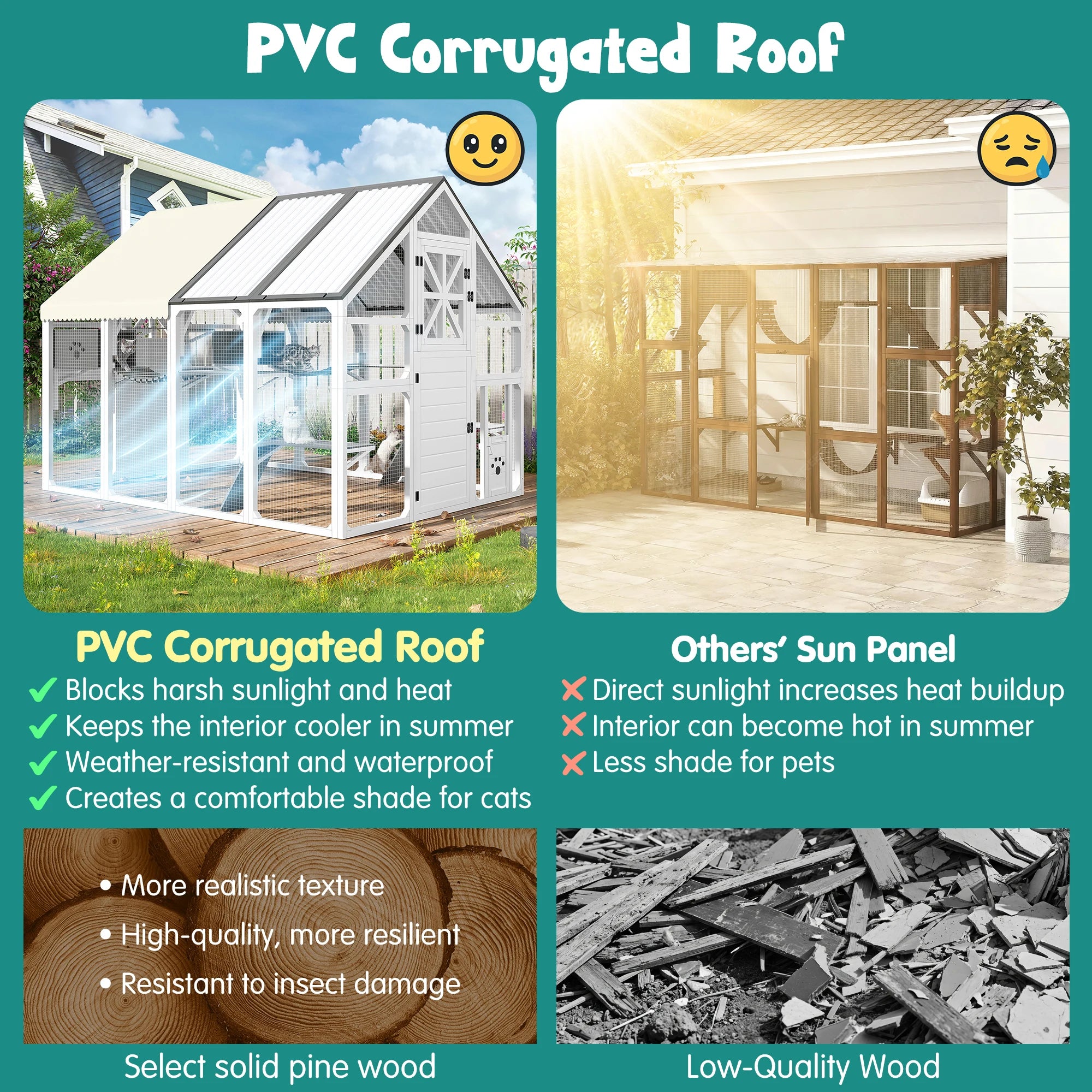 Large Multi-Tier Solid Outdoor Catio Cat Enclosure Walk-in Weatherproof Insulated Cat House PVC Roof Bridges Lounges for