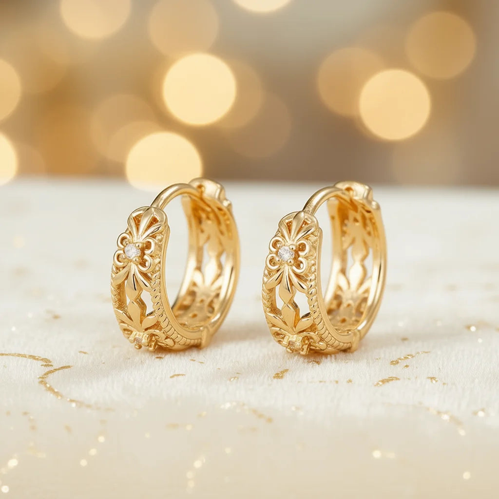 E4485 White Gold Hoop Earrings With Round Diamond Flower Design Claw Setting Women's Classic Fine Jewelry
