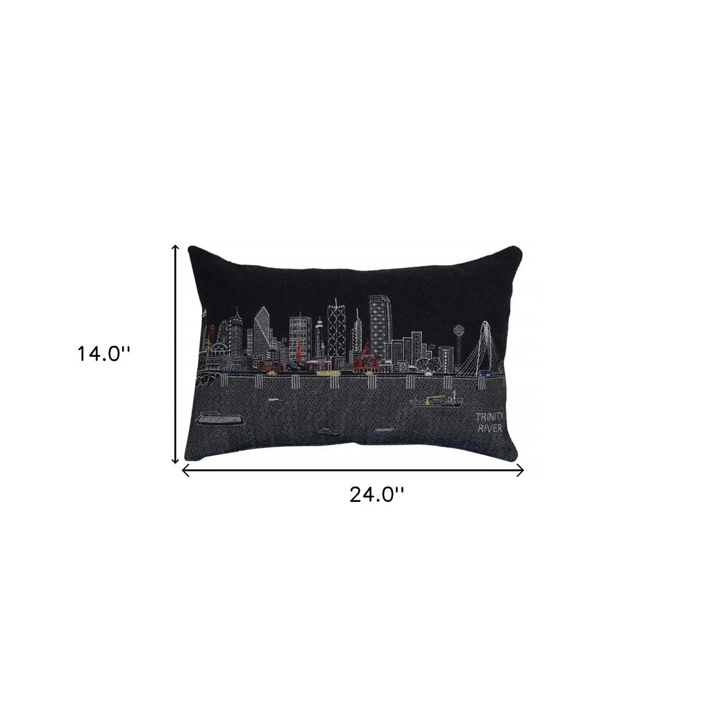 HMS 25\" Black Dallas Nighttime Skyline Decorative Lumbar Pillow Geometric Leaf Pattern Linen Fabric for Home Patio Outdoor Use