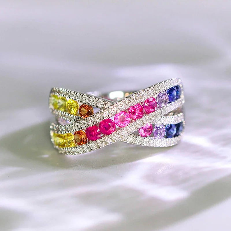 Colorful Crisscross Geometric Ring For Women Round Design Elegant Fashion Daily Jewelry