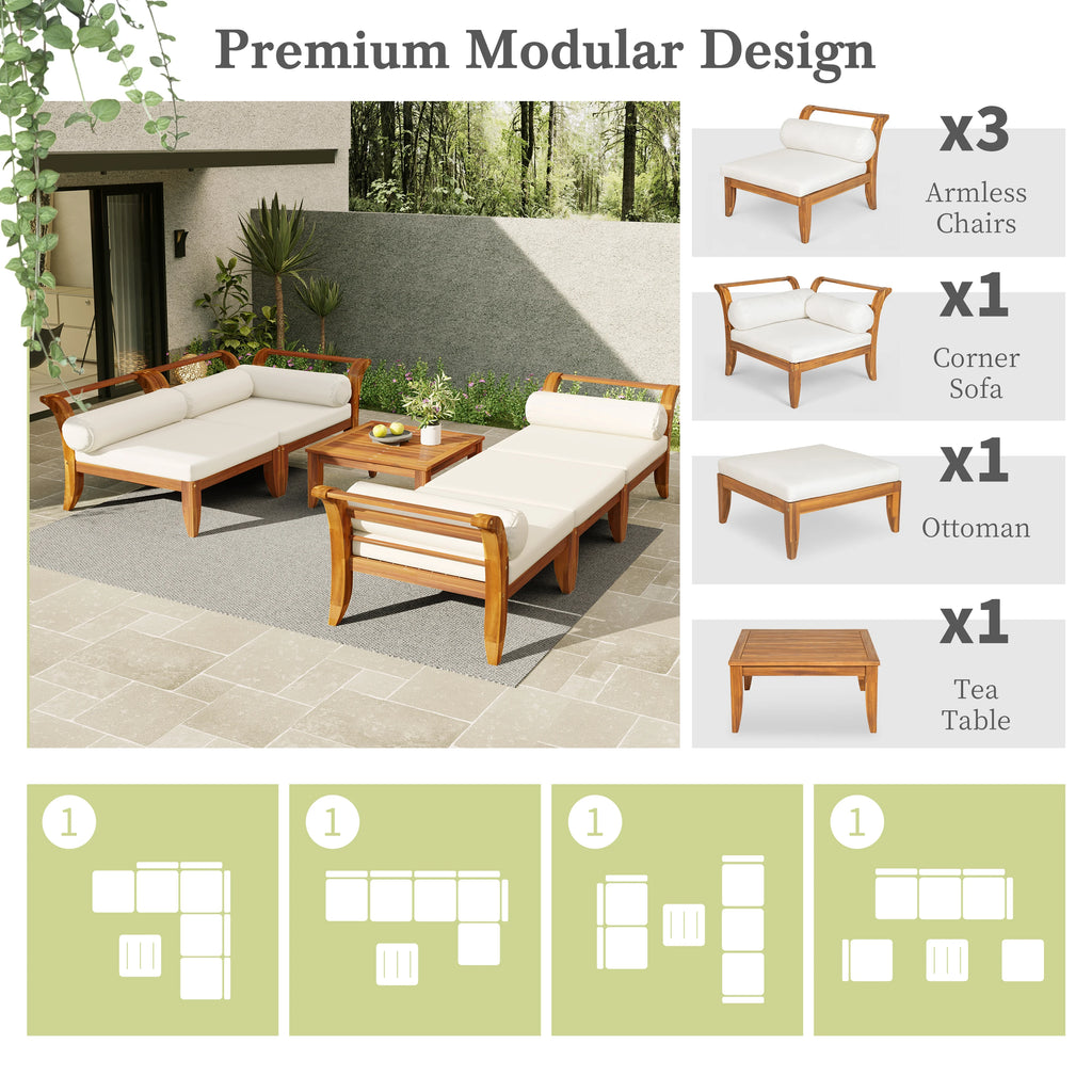 6-Piece Acacia Wood Outdoor Patio Sofa Set Contemporary Design Eco-Friendly Durable Waterproof Modular Sectional Courtyard Park