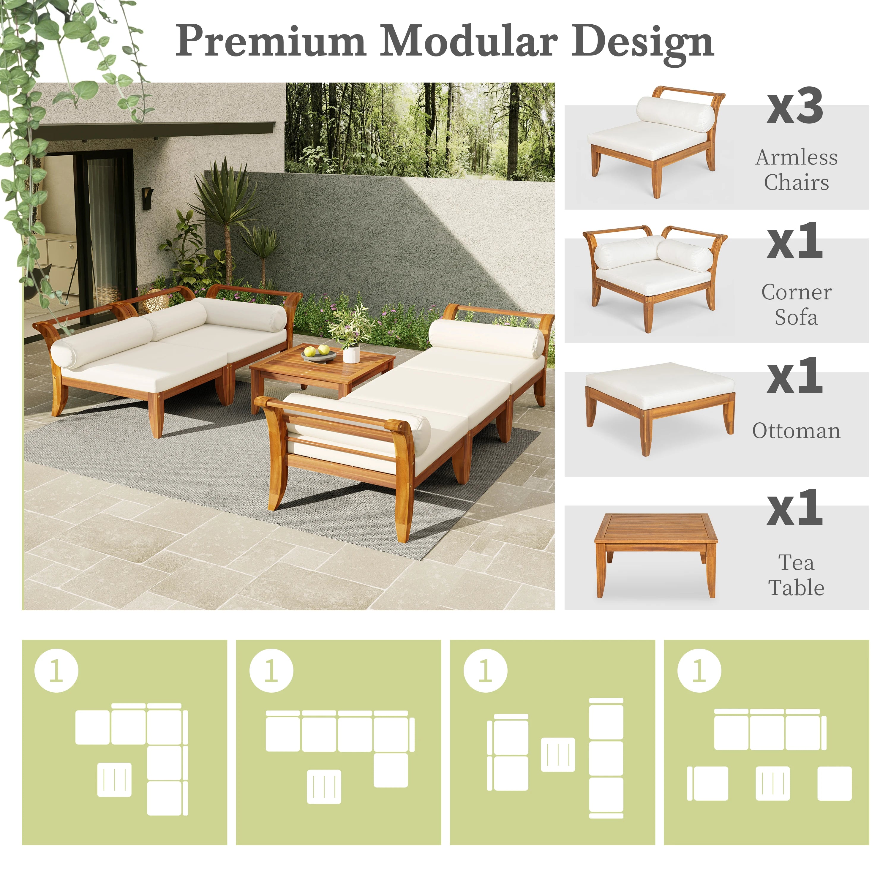 6-Piece Acacia Wood Outdoor Patio Sofa Set Contemporary Design Eco-Friendly Durable Waterproof Modular Sectional Courtyard Park