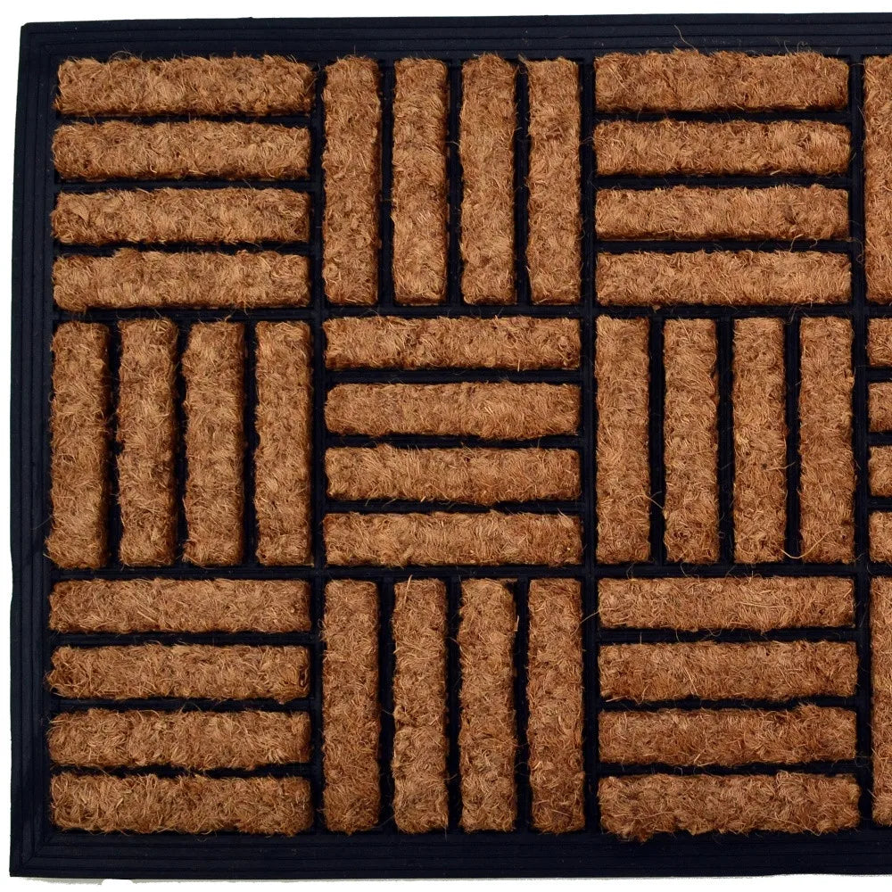 HMS Modern 18\" X 30\" Beige and Black Rubber and Coir Outdoor Door Mat Handmade Loomed Techniques for Home Use