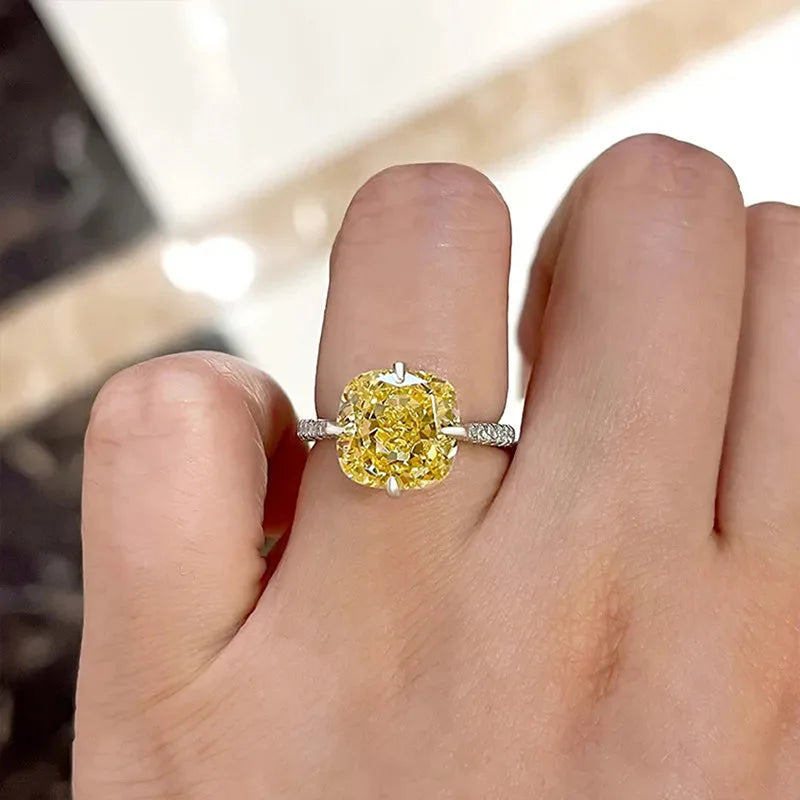 A164 White Gold Diamond Ring Cushion Cut Fancy Yellow Natural Diamond Engagement Women's Jewelry