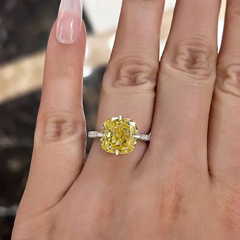 A164 White Gold Diamond Ring Cushion Cut Fancy Yellow Natural Diamond Engagement Women's Jewelry