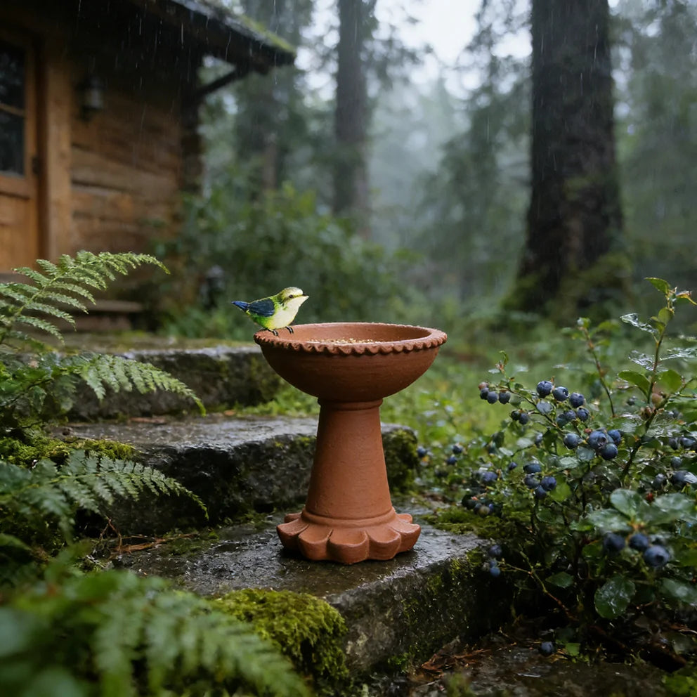 Terracotta-Effect Resin Bird Bath with Mini Bird Accent - Ruffled Edge Design, Charming Farmhouse-Style Outdoor Feeder