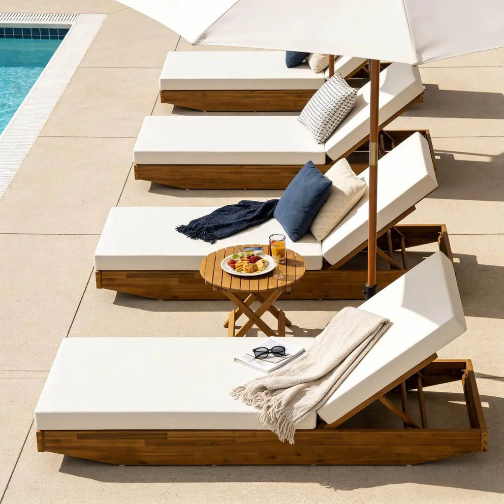 Acacia Wood Modern Luxury Chaise Lounge Cushion Teak Finish Eco-Friendly Outdoor Recliner Cream Water-Repellent Pool Lounge