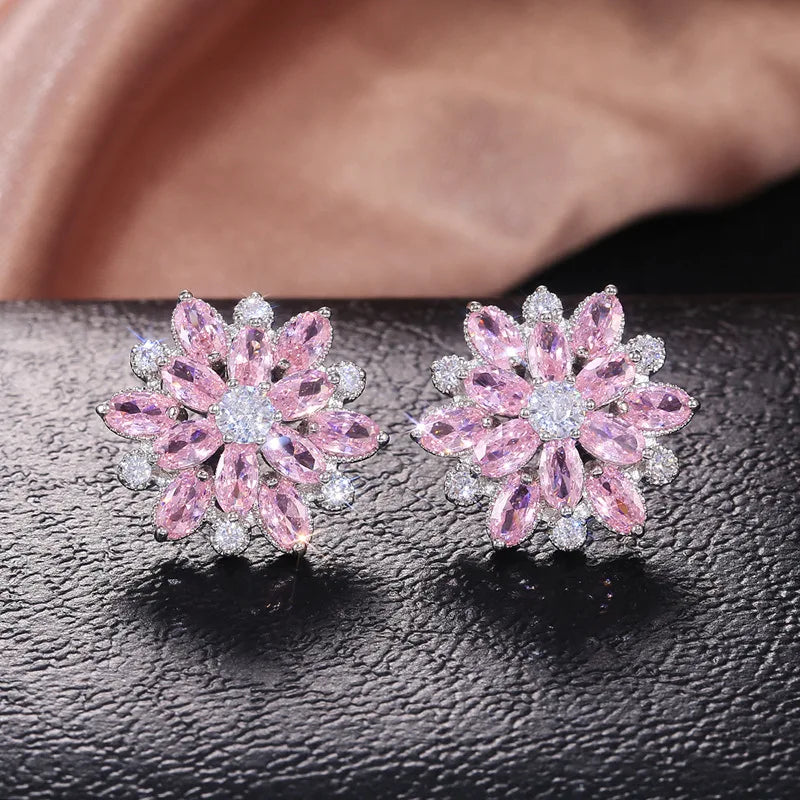 Luxury Snowflake Stud Earrings Crystal Rhinestone Claw Setting For Women Wedding Jewelry Pink Color