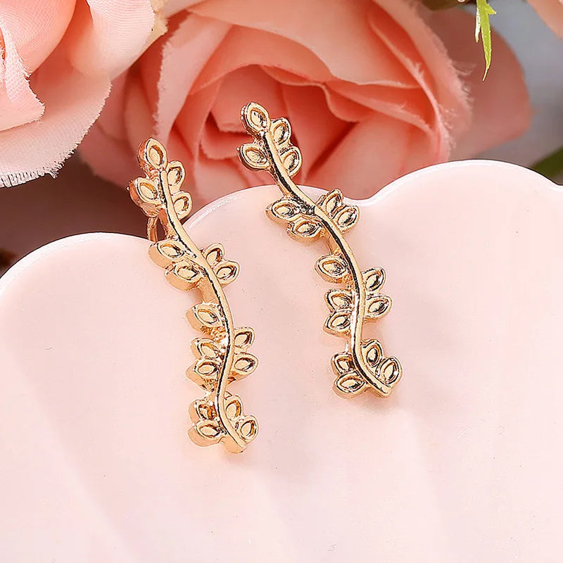 Classic 925 Silver Plant Design Cuff Earrings For Women White Gold Color Everyday Wear Jewelry