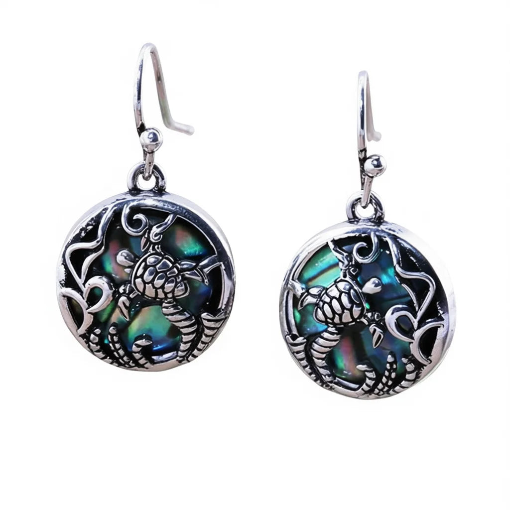 Vintage Turtle Shell Earrings Tibetan Silver Bezel Setting Women's Fashion Drop Earrings Animal Pattern Jewelry