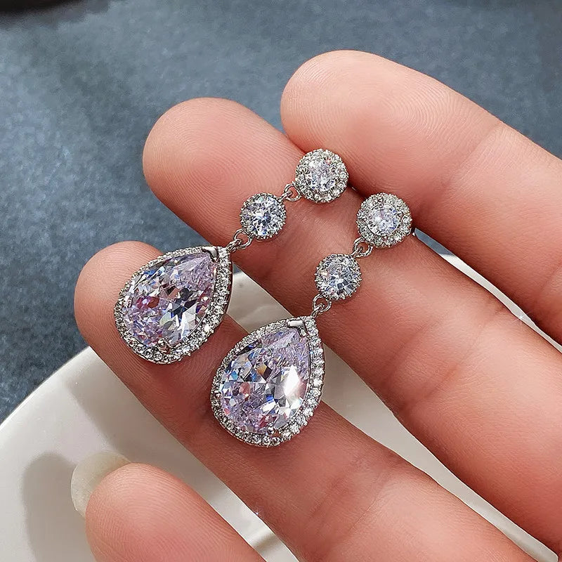 Luxury White Gold Plated 925 Silver Pear Cut Crystal Drop Earrings For Women Wedding Jewelry Rhodium Plated Bezel Setting