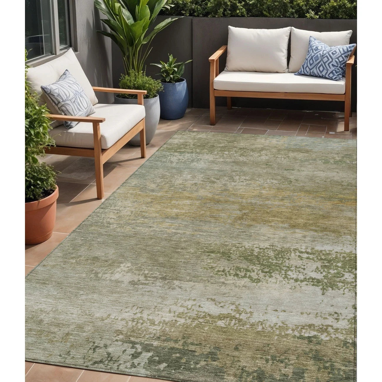 HMS 5' X 8' Abstract Indoor Outdoor Area Rug Beige and Fern Green Washable Carpet