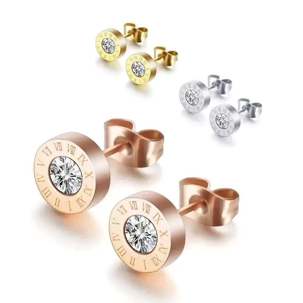 Showfay  Luxury Hypoallergenic  Stainless Steel Zircon Roman Numerals Stud Earrings for Women Man Jewelry