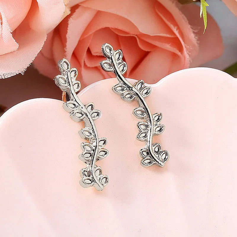 Classic 925 Silver Plant Design Cuff Earrings For Women White Gold Color Everyday Wear Jewelry