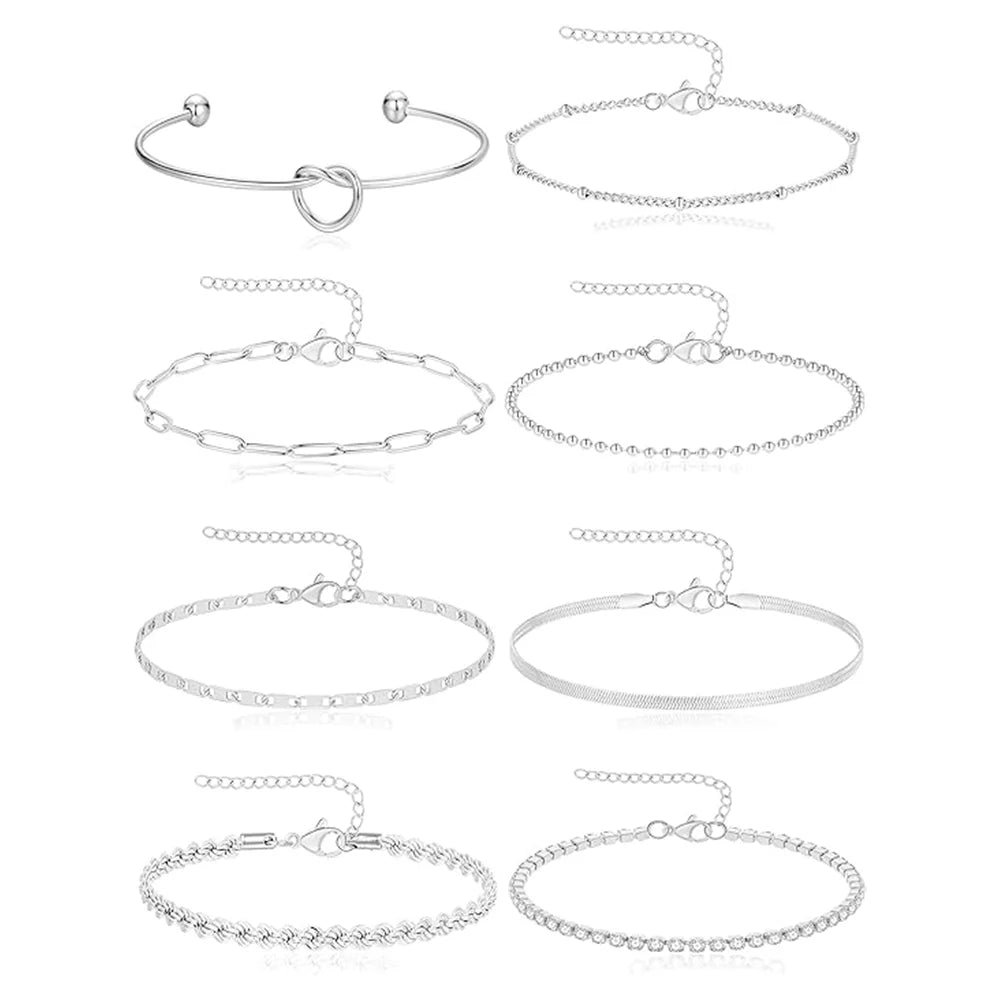 ZF 8-Piece Stainless Steel Silver Chain Link Bracelet Bangle Set Versatile Elegant Daily Jewelry Accessories