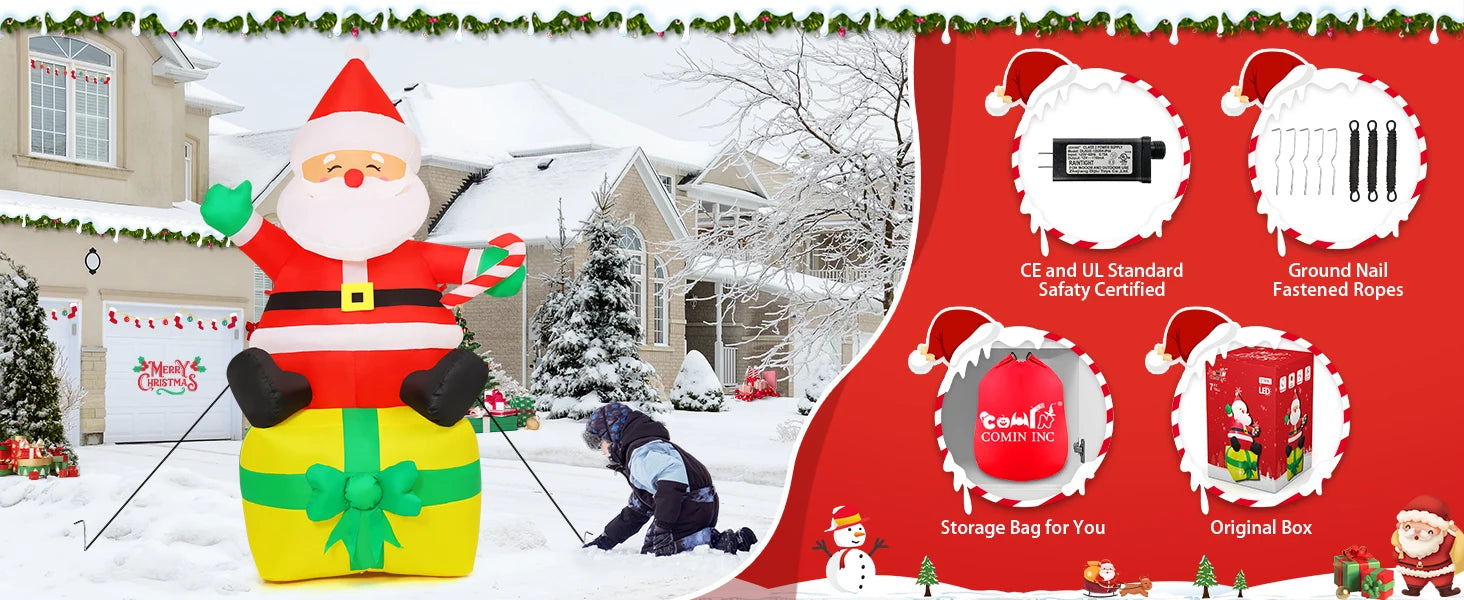 COMIN 7 Ft Christmas Indoor/Outdoor Party Decorations Santa Claus Figurine with LED Lights for Garden Lawn & Yard Blow Decor