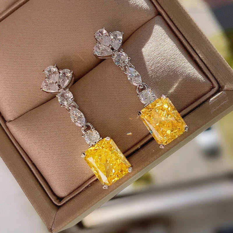 International Station Diamond Earrings Yellow Fancy Emerald Cut White Gold GIA Certified Wedding Jewelry Women's Classic Style