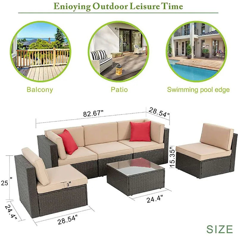 6 Pieces Patio Outdoor Living Room Furniture PE Wicker Breathable and Dirt-resistant Sectional Sofa Set