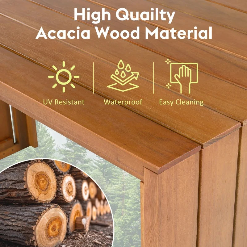 5 Piece Outdoor Bar Set,Patio Acacia Wood Bar Height Table & Four Stools with Cushions,Wood Dining Bar Set for Backyard,Balcony