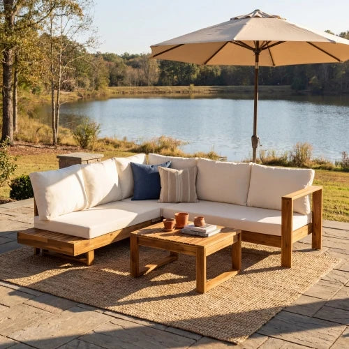 4-Piece Modern Solid Acacia Wood Outdoor Patio Sofa Set with Coffee Table Waterproof Cushions Beige