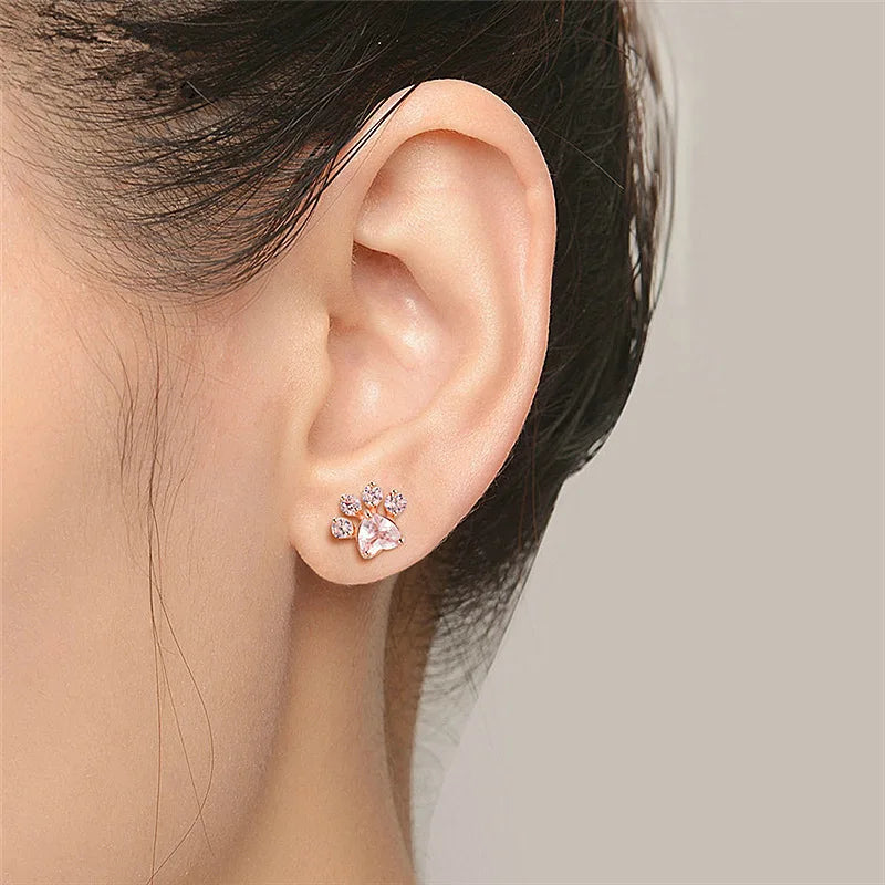 Rose Gold Plated Cat Paw Stud Earrings With Pink Crystal Heart Cut For Women Cute Animal Jewelry Gift Fashion Earrings