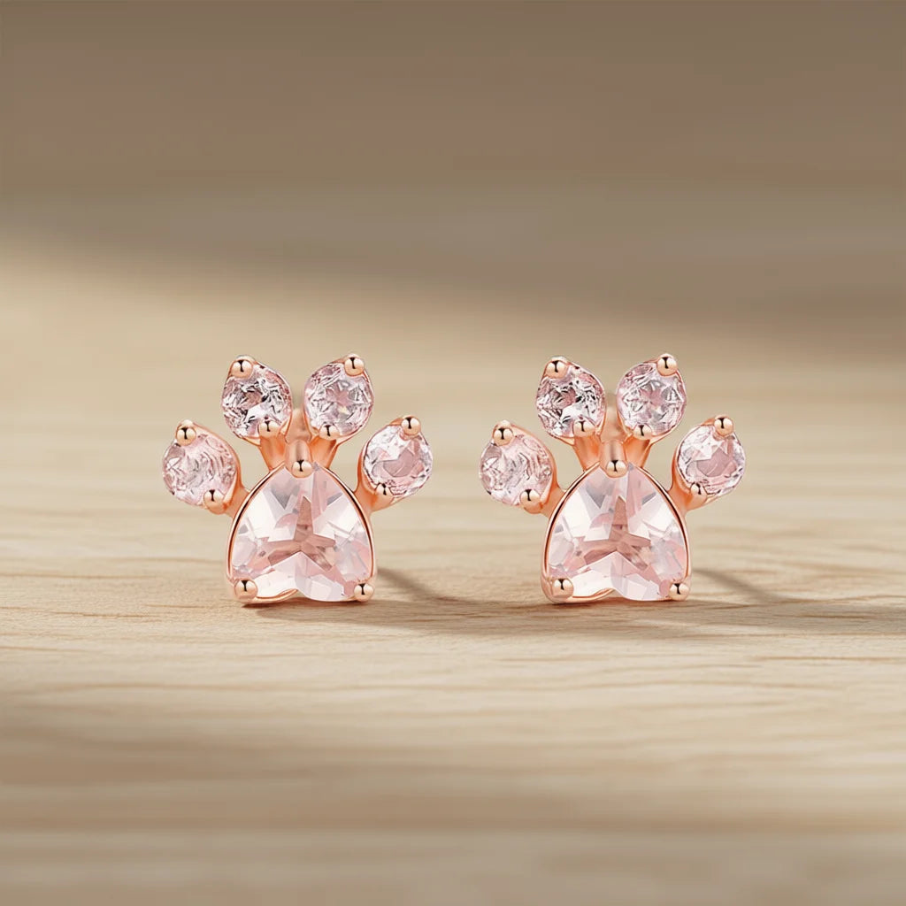 Rose Gold Plated Cat Paw Stud Earrings With Pink Crystal Heart Cut For Women Cute Animal Jewelry Gift Fashion Earrings