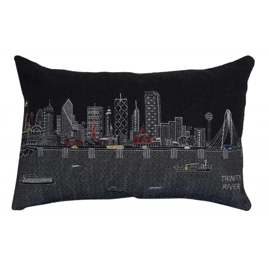 HMS 25\" Black Dallas Nighttime Skyline Decorative Lumbar Pillow Geometric Leaf Pattern Linen Fabric for Home Patio Outdoor Use