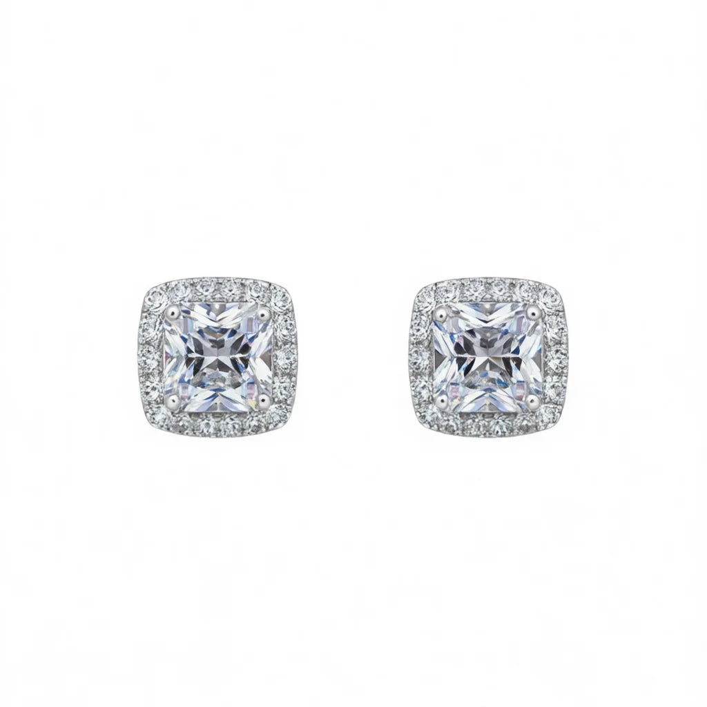 White Gold Princess Cut Zircon Stud Earrings Geometric Claw Setting Classic Women's Wedding Jewelry
