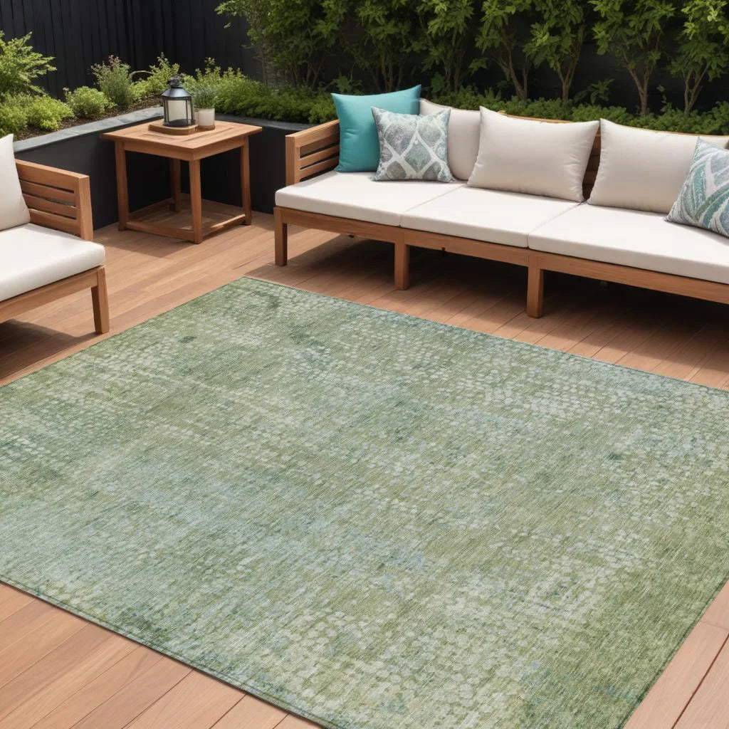 HMS 8' X 10' Abstract Indoor Outdoor Area Rug Green and Ivory Washable Carpet