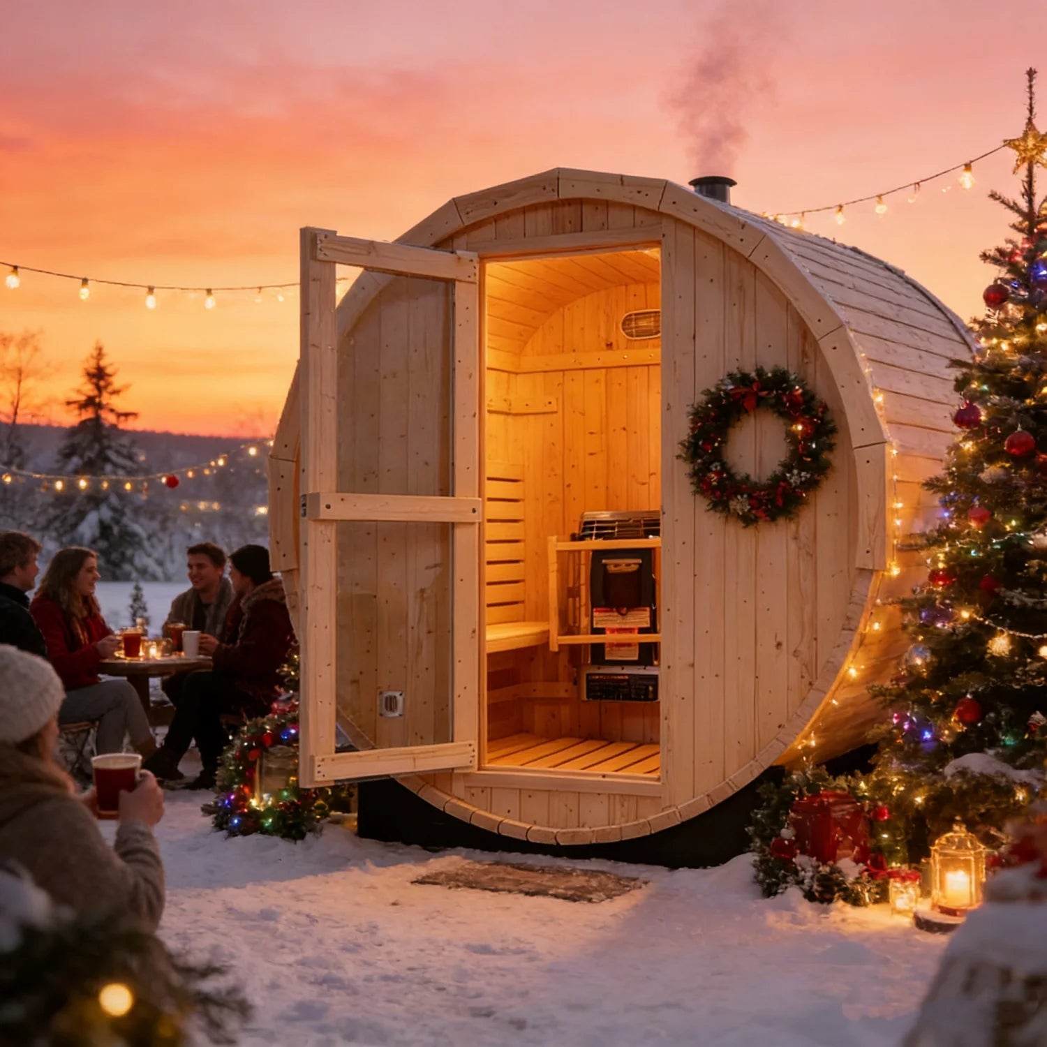 2-4 Person Outdoor Barrel Sauna - Premium White Pine Construction Traditional Dry Steaming Backyard Steam Relaxation Haven