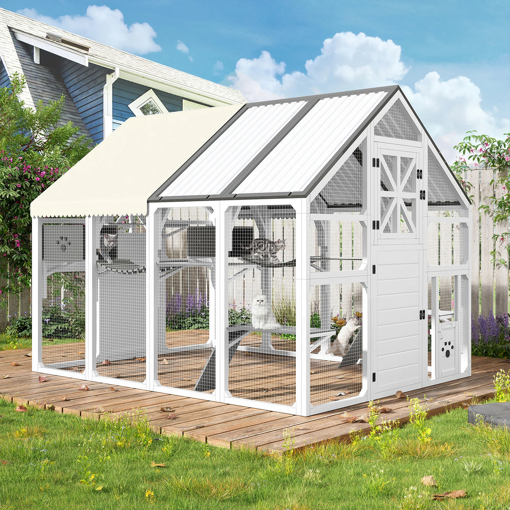 Large Multi-Tier Solid Outdoor Catio Cat Enclosure Walk-in Weatherproof Insulated Cat House PVC Roof Bridges Lounges for