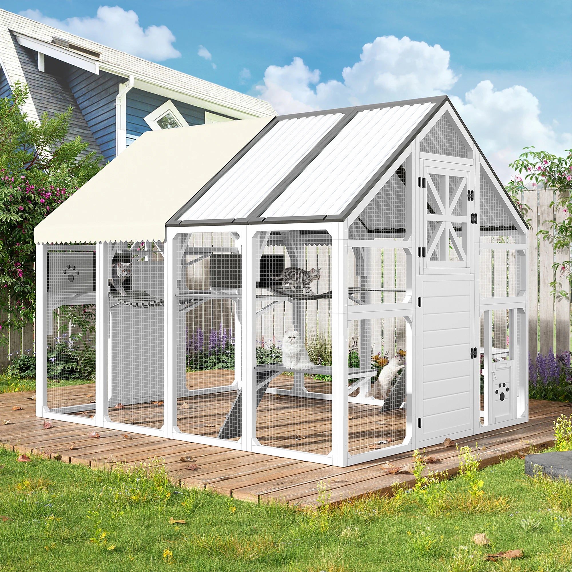Large Multi-Tier Solid Outdoor Catio Cat Enclosure Walk-in Weatherproof Insulated Cat House PVC Roof Bridges Lounges for