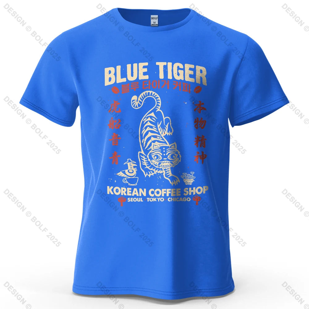 BLUE TIGER Trendy Printed Men's T-Shirt 100% Cotton Oversized Cultural Graphic Tees for Women Tops Tees Casual Streetwear