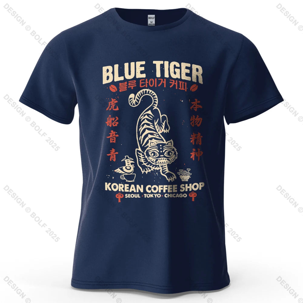 BLUE TIGER Trendy Printed Men's T-Shirt 100% Cotton Oversized Cultural Graphic Tees for Women Tops Tees Casual Streetwear