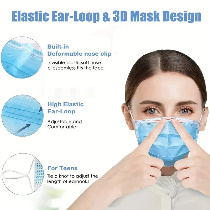 50/100Pcs Disposable Mask for Face Blue White Adult Mask Factory Wholesale 3 Layers Meltblown Non-Woven Breathable Face Mask