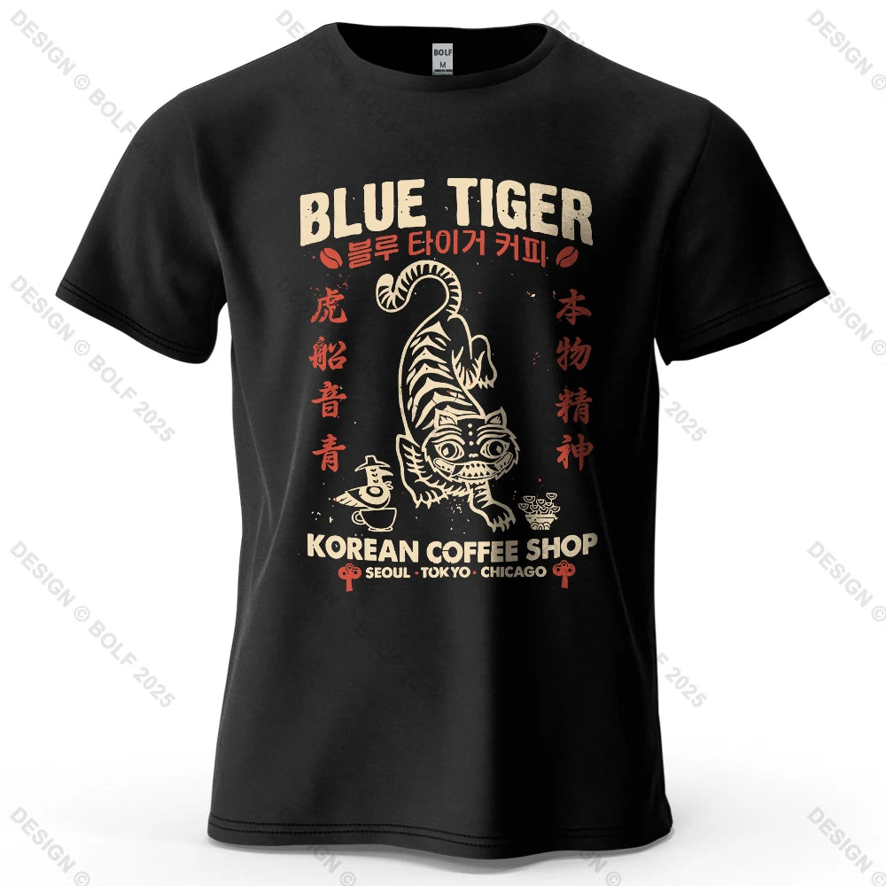 BLUE TIGER Trendy Printed Men's T-Shirt 100% Cotton Oversized Cultural Graphic Tees for Women Tops Tees Casual Streetwear