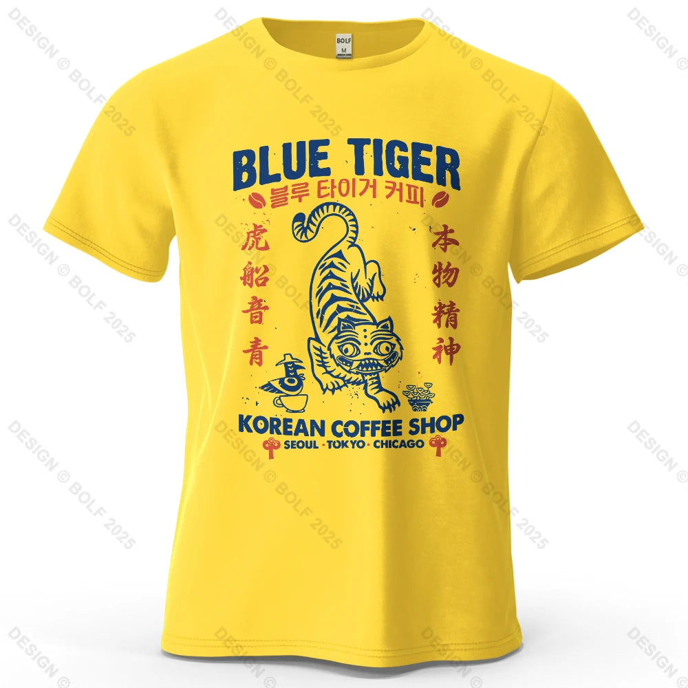 BLUE TIGER Trendy Printed Men's T-Shirt 100% Cotton Oversized Cultural Graphic Tees for Women Tops Tees Casual Streetwear