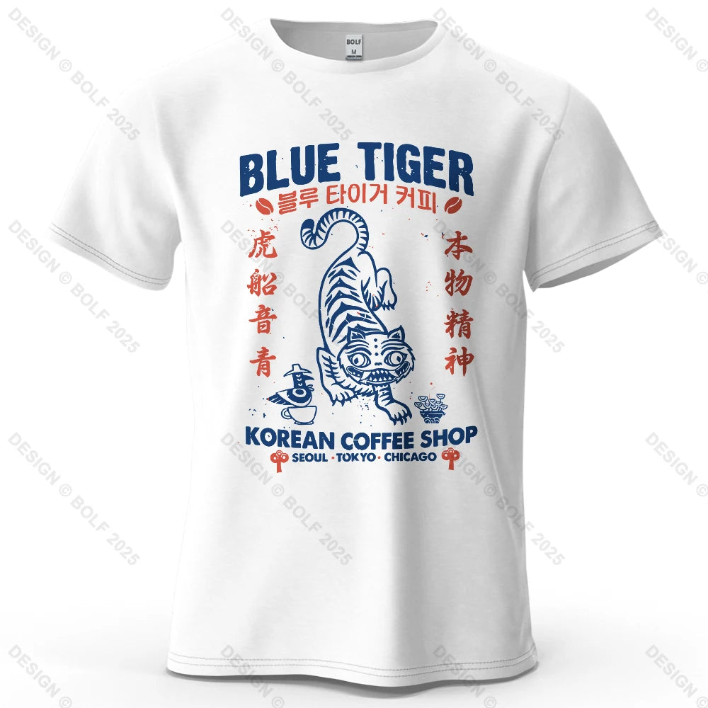 BLUE TIGER Trendy Printed Men's T-Shirt 100% Cotton Oversized Cultural Graphic Tees for Women Tops Tees Casual Streetwear