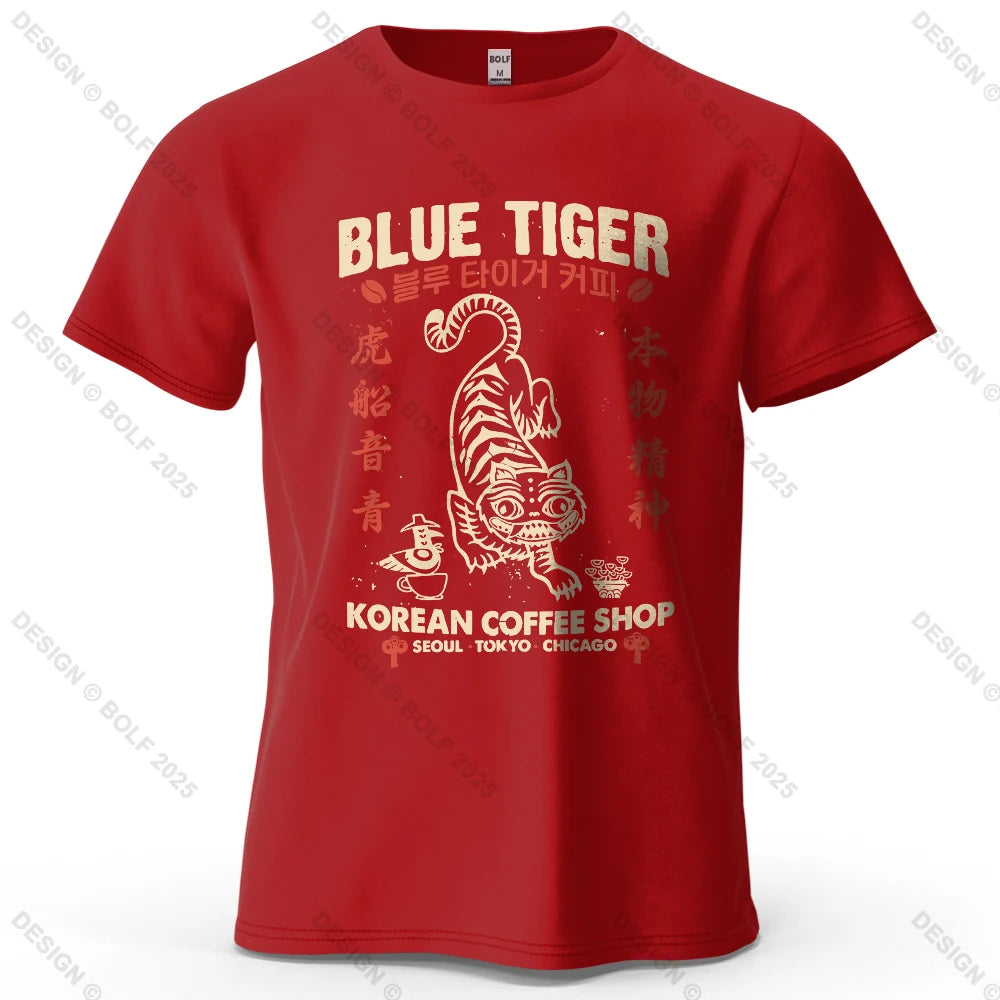 BLUE TIGER Trendy Printed Men's T-Shirt 100% Cotton Oversized Cultural Graphic Tees for Women Tops Tees Casual Streetwear