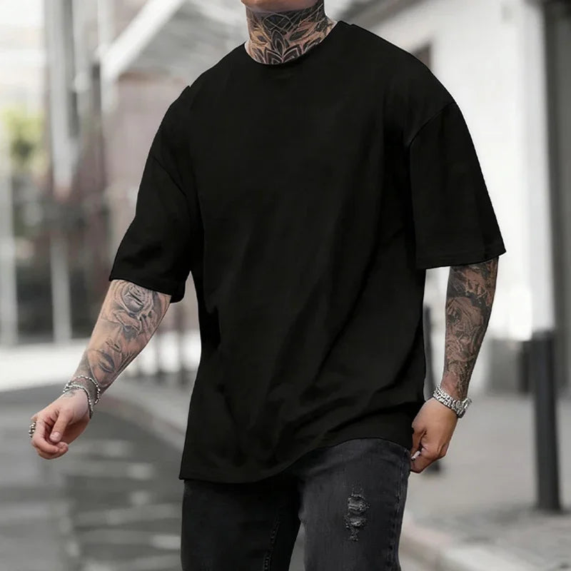 Cotton Hot Sales Mens T-shirt Solid Color Casual Quality Short Sleeve Outdoor Sports Jogging T-shirt Soft Loose Black White Tees