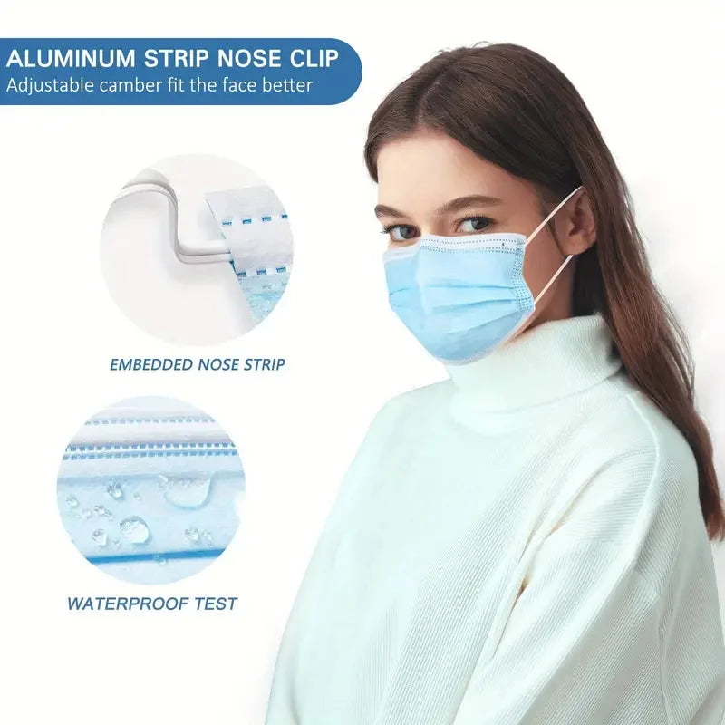 50/100Pcs Disposable Mask for Face Blue White Adult Mask Factory Wholesale 3 Layers Meltblown Non-Woven Breathable Face Mask