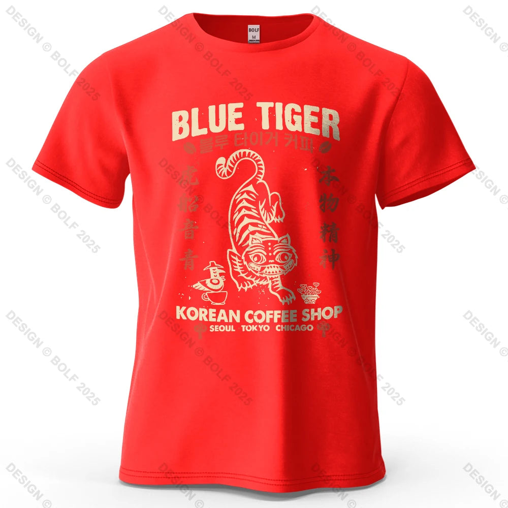 BLUE TIGER Trendy Printed Men's T-Shirt 100% Cotton Oversized Cultural Graphic Tees for Women Tops Tees Casual Streetwear