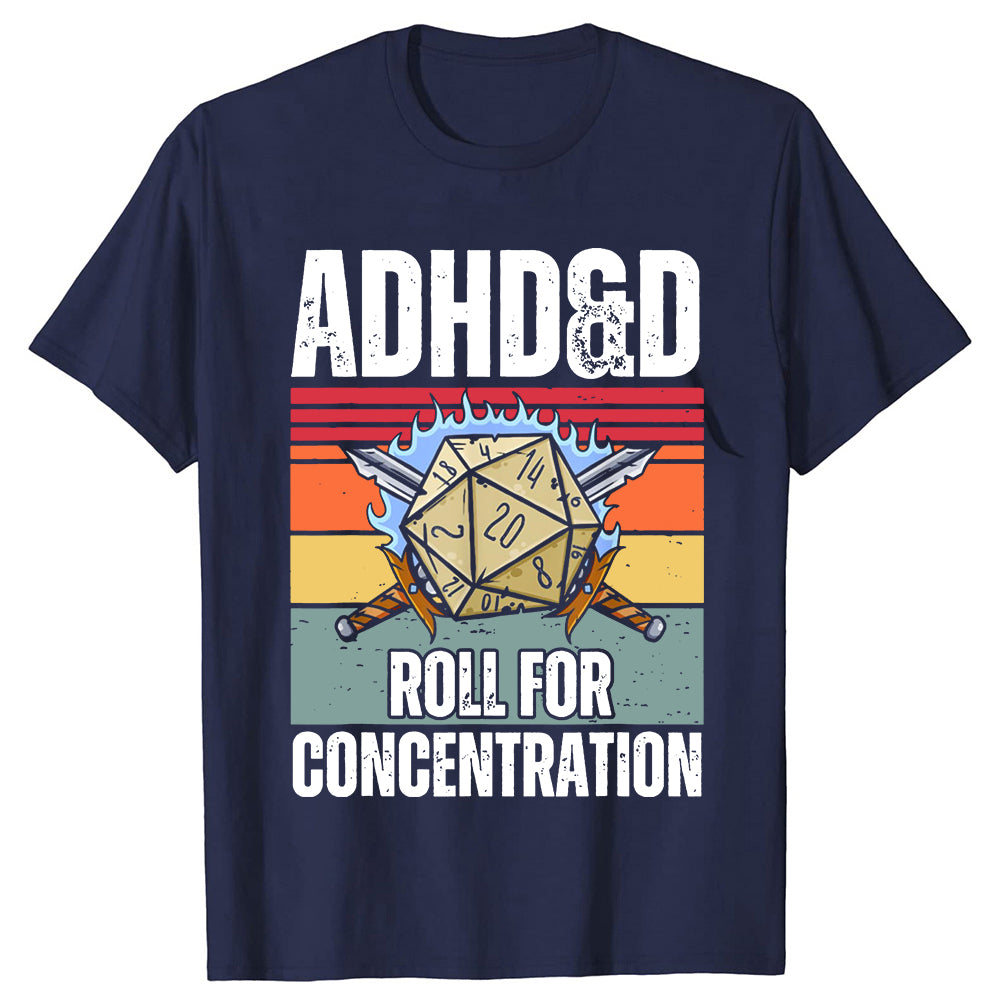 Retro Vintage ADHD&D Roll for Concentration Funny Gamer Dungeons DM RPG Dice Dragon T Shirts Summer Streetwear Gifts T-shirt Men