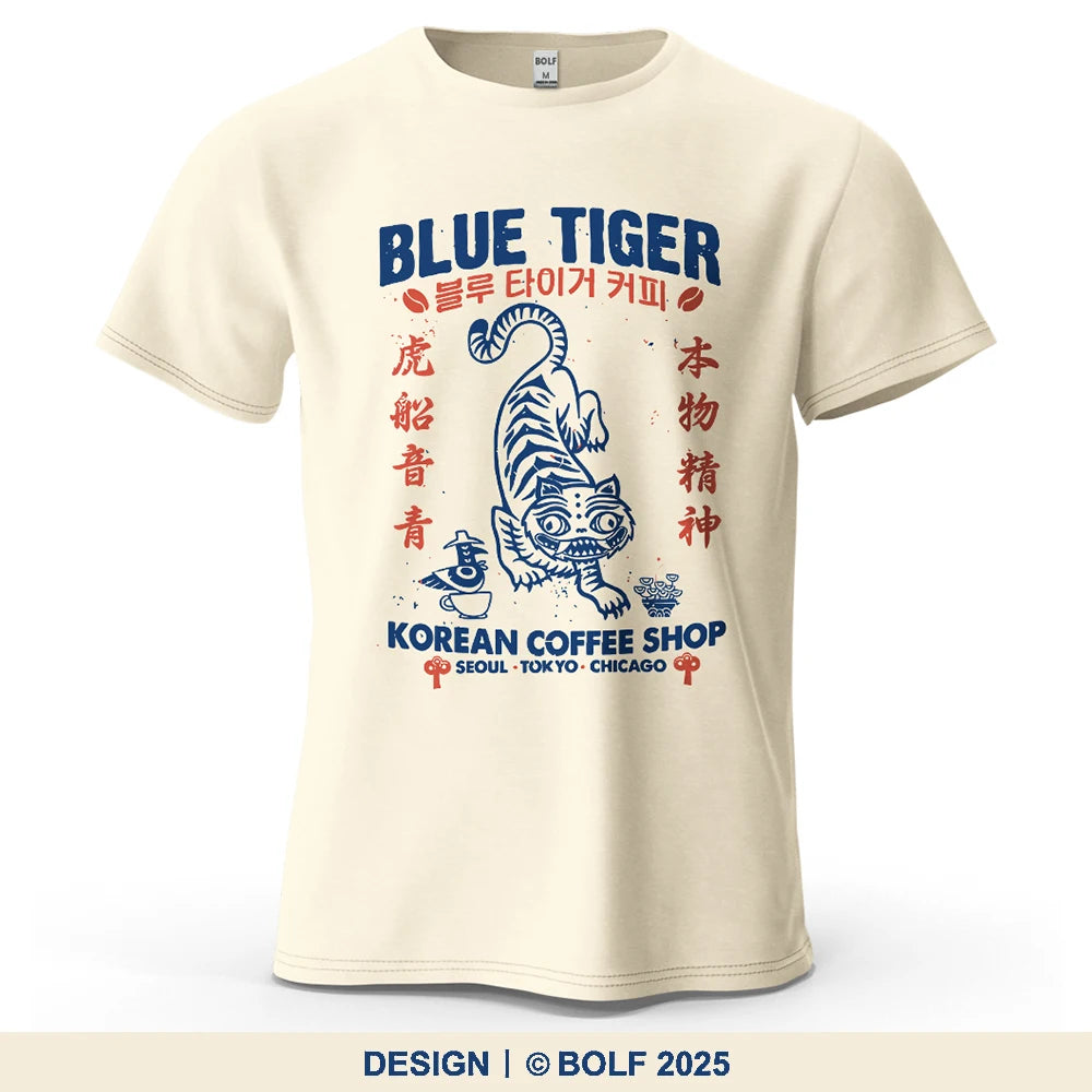 BLUE TIGER Trendy Printed Men's T-Shirt 100% Cotton Oversized Cultural Graphic Tees for Women Tops Tees Casual Streetwear
