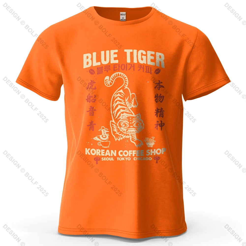 BLUE TIGER Trendy Printed Men's T-Shirt 100% Cotton Oversized Cultural Graphic Tees for Women Tops Tees Casual Streetwear