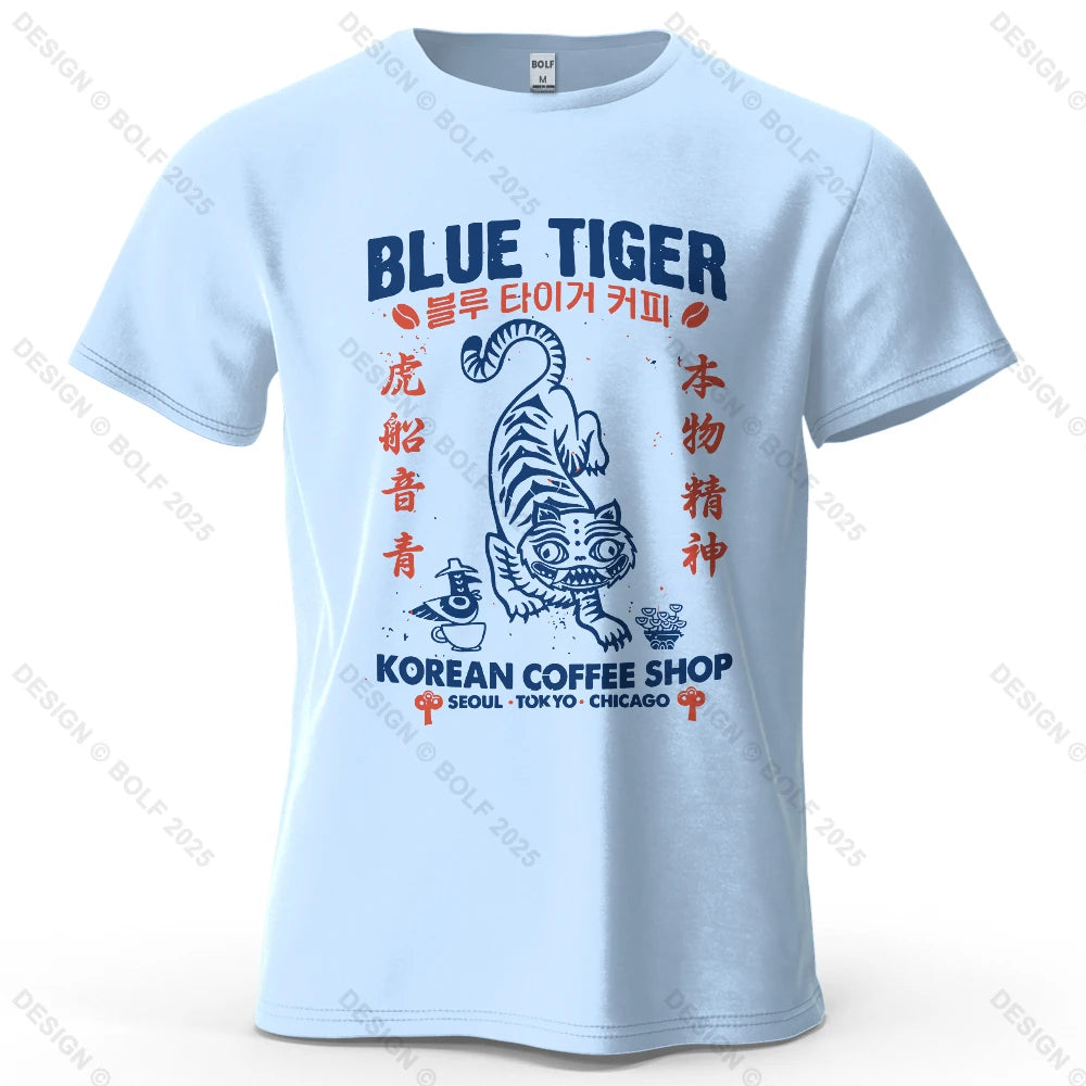 BLUE TIGER Trendy Printed Men's T-Shirt 100% Cotton Oversized Cultural Graphic Tees for Women Tops Tees Casual Streetwear