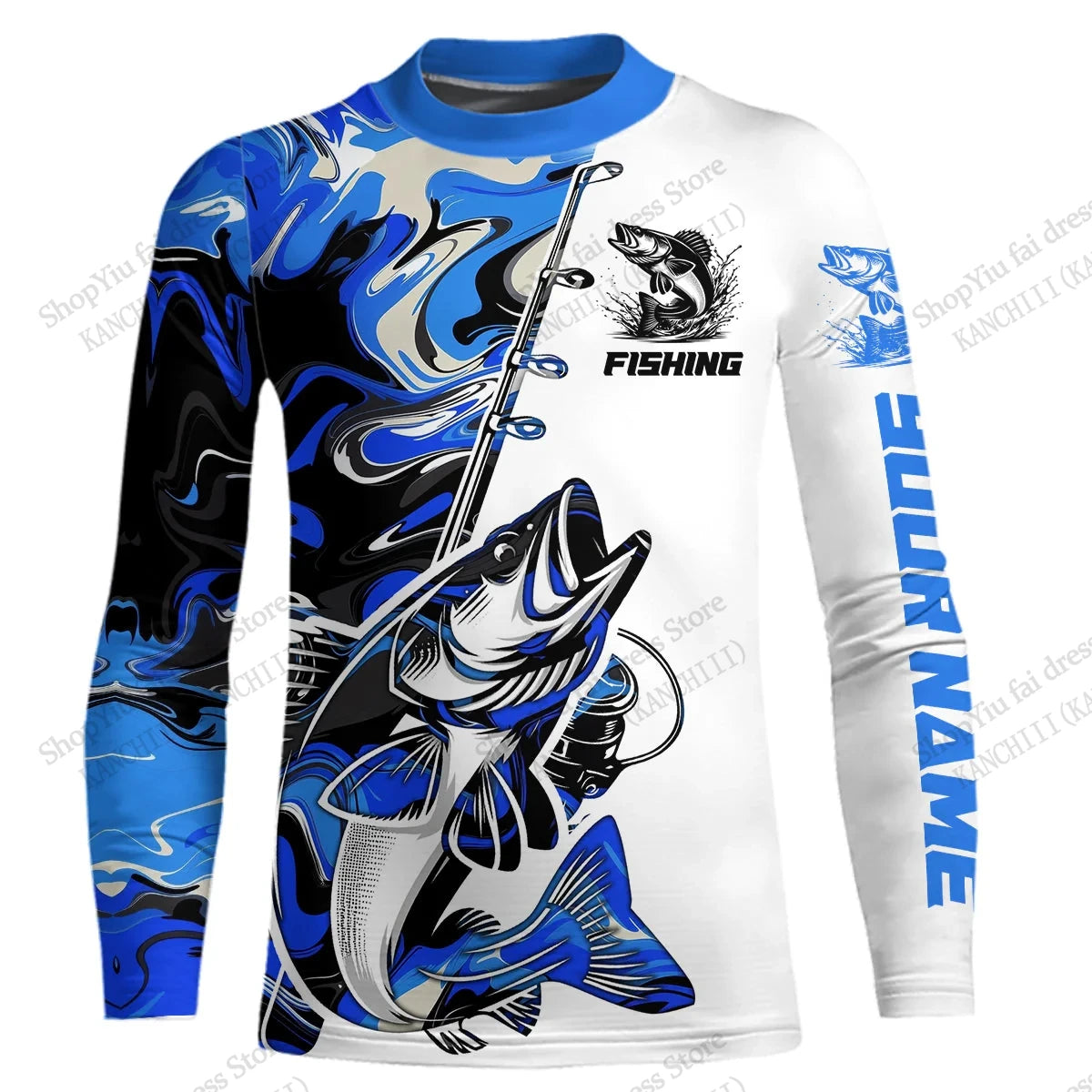 2026 New Blue Camo Fishing 3D Print Long Sleeve Crew Neck T-shirt Men Women Fashion Tops Tees Fishing Lover Tshirt Mens Clothing
