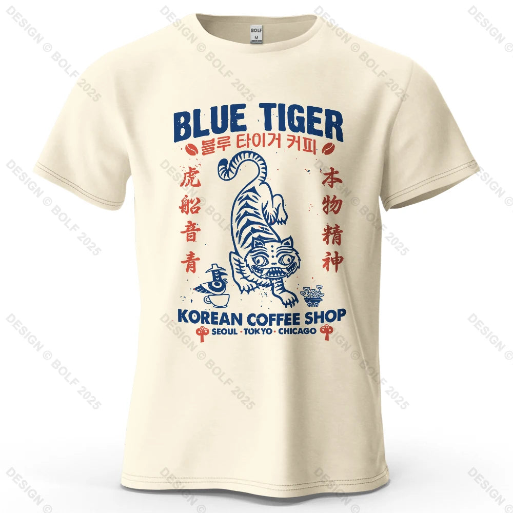 BLUE TIGER Trendy Printed Men's T-Shirt 100% Cotton Oversized Cultural Graphic Tees for Women Tops Tees Casual Streetwear