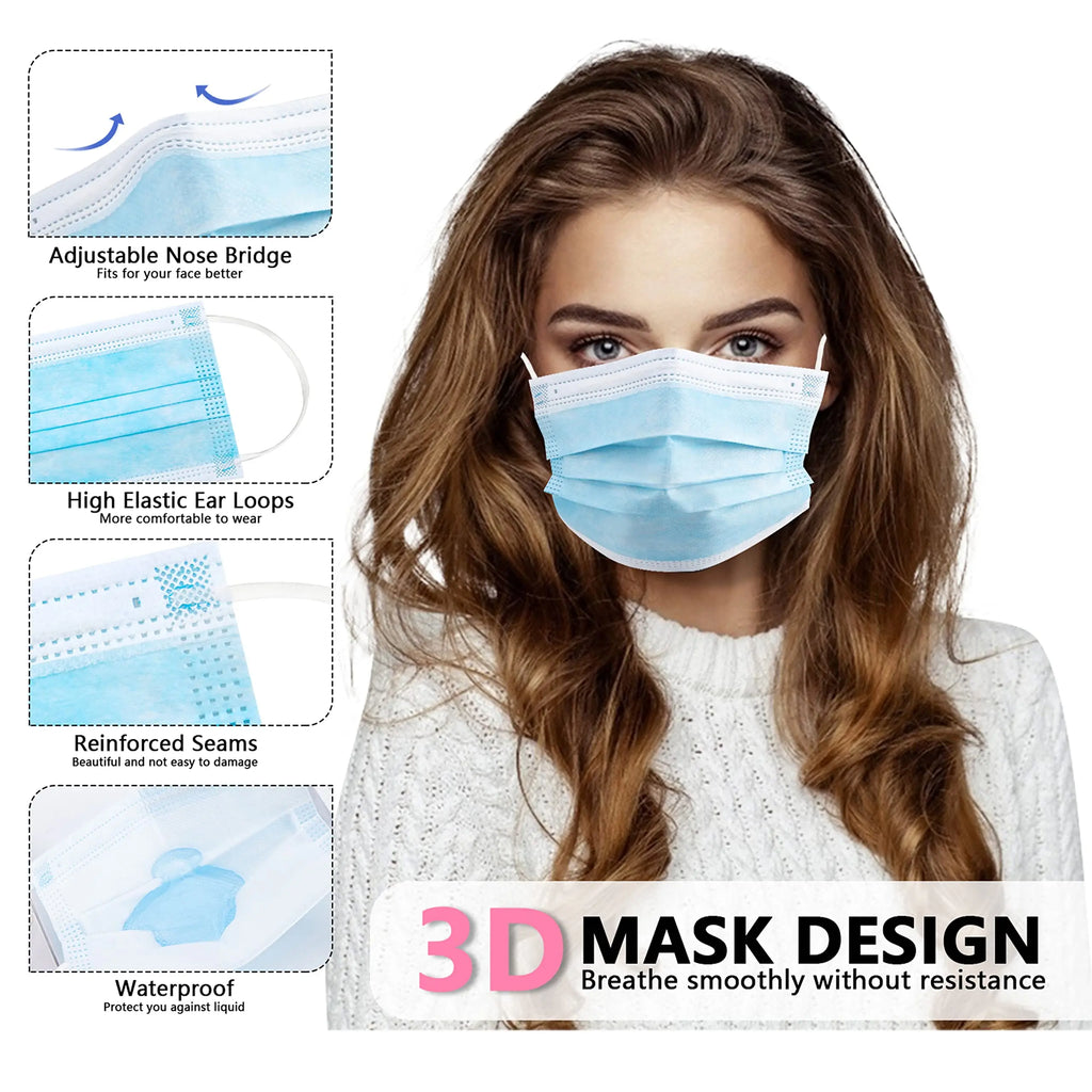 50/100Pcs Disposable Mask for Face Blue White Adult Mask Factory Wholesale 3 Layers Meltblown Non-Woven Breathable Face Mask